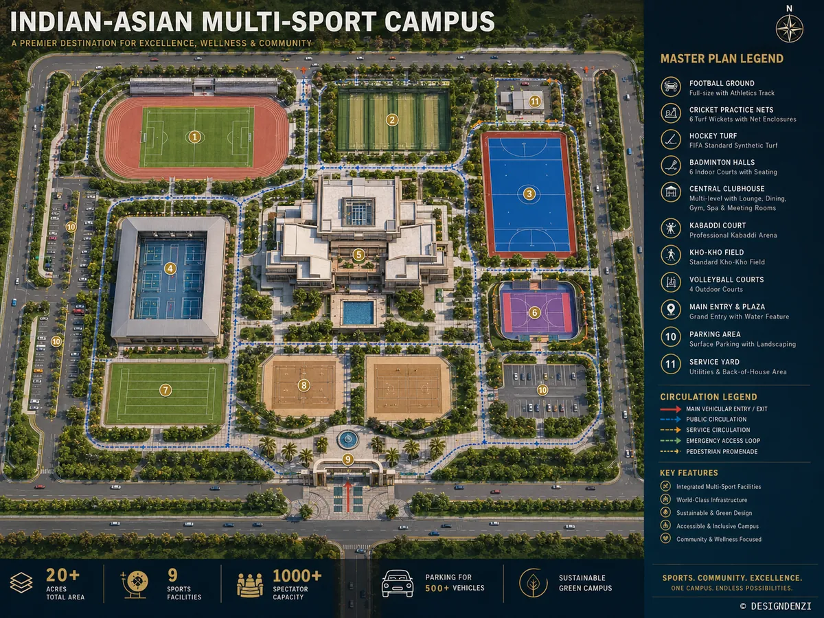 Conceptual masterplan of the Integrated Multi-Sport Campus showing sports facilities, circulation, parking and the central clubhouse
