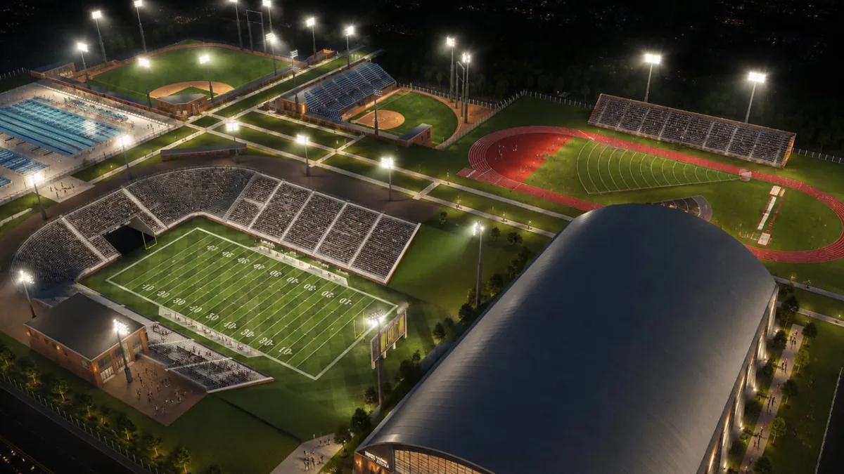 Night-time conceptual 3D visualisation of a multi-venue sports district with floodlit stadiums, athletics, aquatics and an indoor arena