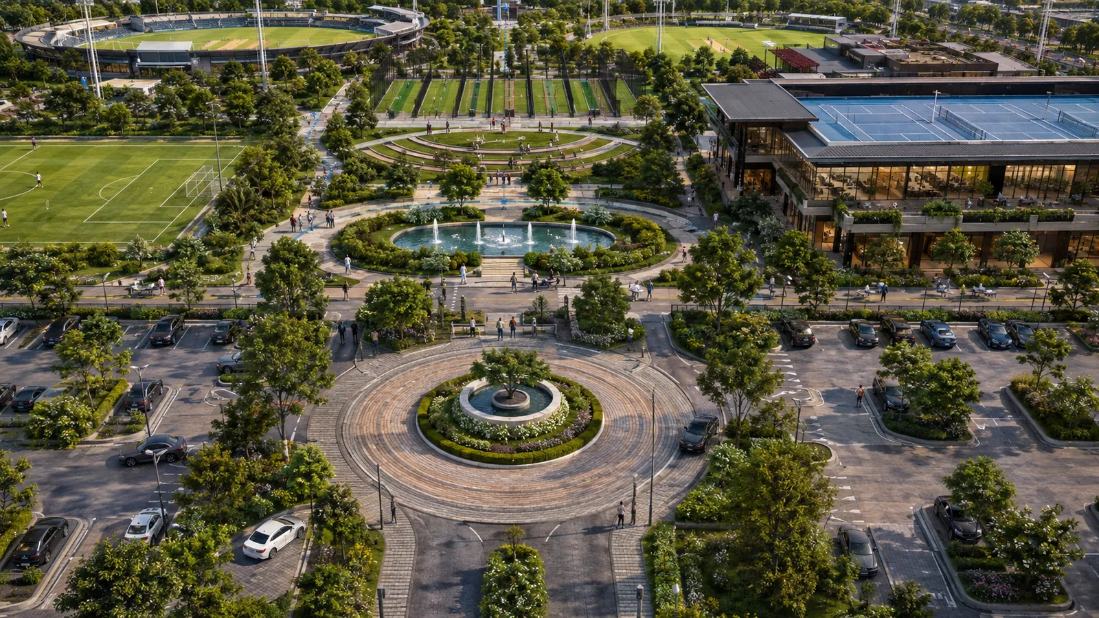 Aerial conceptual 3D visualisation of a sports and recreation campus with playing fields, club facilities and landscaped public realm